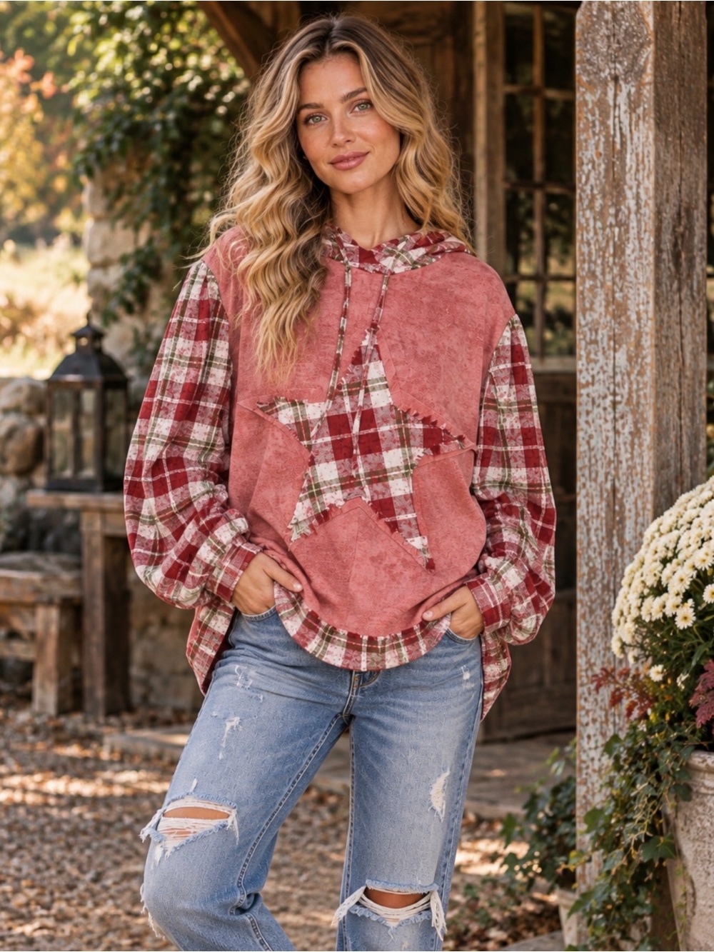 POL Plaid Star Appliqué Oversized Hoodie Maroon Dusty Rose NWT Small